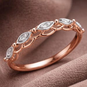 Vintage Marquise Moissanite Wedding Band, Rose Gold Leaf Ring, Stackable Promise Ring, Minimalist Anniversary Gift, Women Jewelry