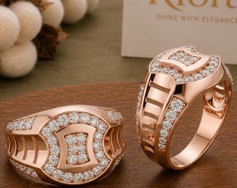 Moissanite diamanten statement ring voor mannen, geometrische band van 925 sterling zilver, bezet met roségoud, luxe pinkring, uniek jubileumcadeau