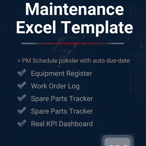 Puede incluir: Gráfico azul oscuro con texto blanco que dice "Preventive Maintenance Excel Template". La plantilla incluye funciones como programación de PM, registro de equipos, registro de órdenes de trabajo, rastreador de repuestos y panel de KPI. El precio es de 39 €.