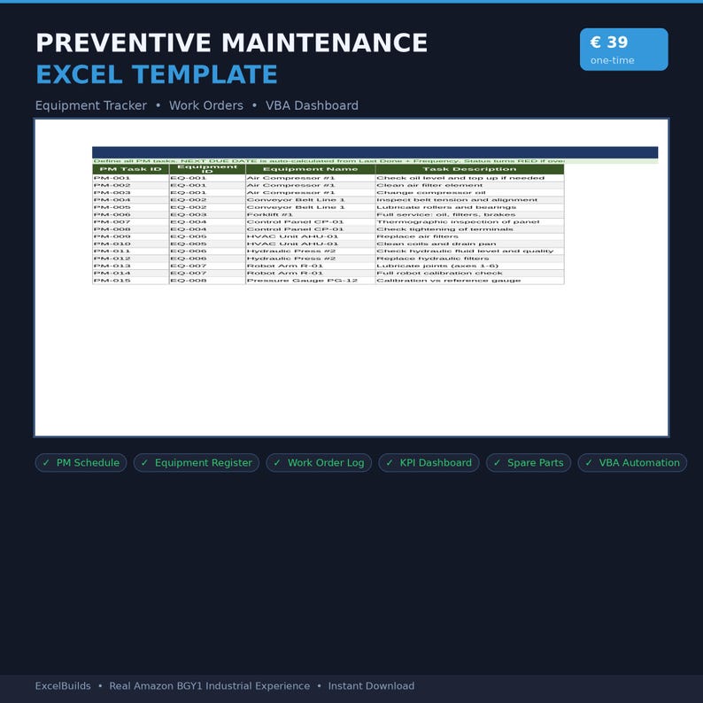 Preventive Maintenance Excel Template | Equipment Tracker + Work Order ...