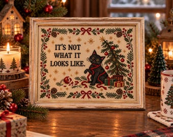 Christmas Black Cat Wall Art, Printed Cross Stitch Poster, Vintage Primitive Folk Art, Funny Cat Christmas Gift, Embroidered Sampler Style