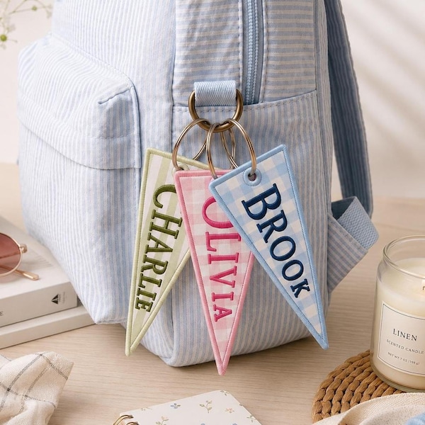 Personalized Embroidered Gingham Bag Charm, Preppy Backpack Tag, Custom Name Keychain, Monogram Luggage Tag, Backpack Accessory Gift