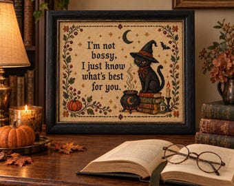 Black Cat Bookshelf Printed Wall Art, Cross Stitch Halloween Decor, Book Lover Gift,Vintage Primitive Gothic Folk Art, Witchy Cat Decor