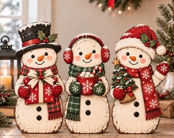 Vintage Snowman Christmas Wooden Blocks, Winter Snowman Christmas Decor, Xmas Shelf Sitter Set,Farmhouse Holiday Gifts,Christmas Table Decor