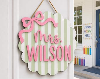 Personalized Teacher Door Sign, Striped Wooden Name Plaque, Custom Teacher Door Hanger, Classroom Decor, Back to School, New Teacher Gifts