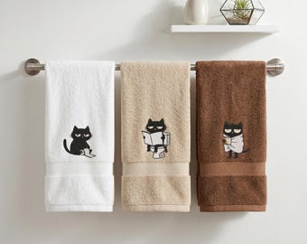 Embroidered Black Cat Hand Towels Set, Funny Cat Kitchen & Bathroom Towels Decor, Housewarming Gift, Cute Home Decor Gift, New Home Gift