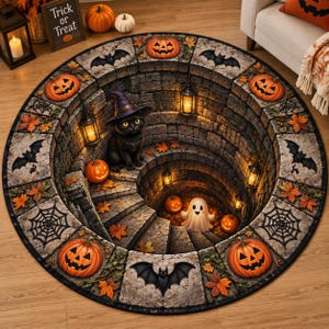 May include: A round rug featuring a 3D-effect stone staircase design with a black cat in a purple witch hat, a small white ghost, orange jack-o'-lanterns, black bats, spiderwebs, and autumn leaves. The border consists of stone blocks.