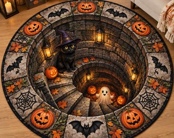 Halloween Black Cat Ghost 3D Illusion Rug, 3D Halloween Pumpkin Round Rug,Spooky Gothic Floor Mat Decor,Halloween Gift Decor,Fall Home Decor