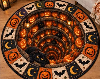 3D Halloween Black Cat Ghost Rug, Halloween Pumpkin Illusion Round Rug,Spooky Gothic Floor Mat Decor,Halloween Carpet Decor,Fall Home Decor