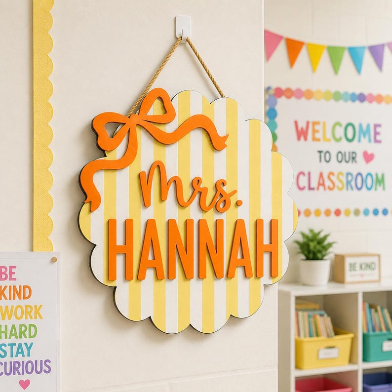Personalized Teacher Door Sign, Striped Wooden Name Plaque, Custom Teacher Door Hanger, Classroom Decor, Back to School, New Teacher Gifts image 7