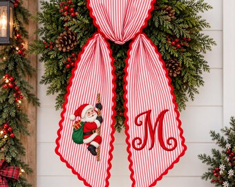 Personalized Embroidered Christmas Wreath Sash, Striped Santa Claus Wreath Bow, Monogram Holiday Decor, Christmas Front Door Decor,Xmas Gift