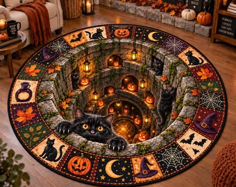 3D Halloween Black Cat Pumpkin Round Rug, Halloween Pumpkin Illusion Rug, Spooky Floor Mat Decor,Halloween Gift Decor,Gothic Fall Home Decor