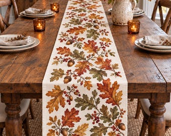 Vintage Autumn Oak Leaf Table Runner, Linen Cottagecore Fall Runner, Rustic Farmhouse Fall Table Decor, Thanksgiving Decor,Autumn Home Decor