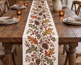 Vintage Autumn Oak Leaf Table Runner, Linen Cottagecore Fall Runner, Rustic Farmhouse Fall Table Decor, Thanksgiving Decor,Autumn Home Decor