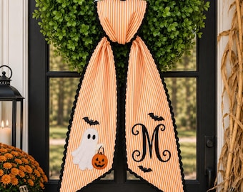 Personalized Embroidered Halloween Ghost Wreath Sash, Monogram Spooky Wreath Bow, Stripe Ribbon Fall Season Decor,Halloween Front Door Decor