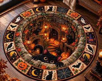 3D Halloween Black Cat Pumpkin Round Rug, Halloween Pumpkin Illusion Rug, Spooky Floor Mat Decor,Halloween Gift Decor,Gothic Fall Home Decor