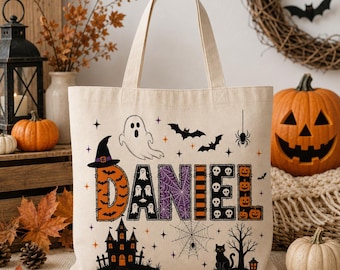 Custom Halloween Canvas Tote Bag, Personalized Trick-Or-Treat Candy Bag, Custom Name Canvas Bag for Kids, Halloween Kids Gift for Boys Girls