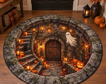3D Halloween Black Cat Ghost Rug, Halloween Pumpkin Round Rug, Spooky Gothic Floor Mat Decor, Halloween Carpet Gift Decor, Fall Home Decor