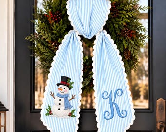 Personalized Embroidered Christmas Wreath Sash,Striped Snowman Wreath Bow,Monogram Winter Holiday Decor,Christmas Front Door Decor,Xmas Gift