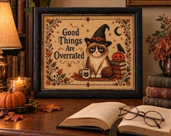 Funny Black Cat Witch Wall Art, Halloween Cross Stitch Printed Decor, Gothic Cottagecore Print