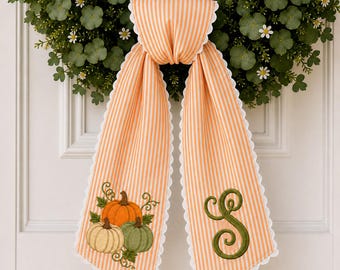 Personalized Pumpkin Wreath Sash,Embroidered Monogram Fall Sash,Custom Name Gingham Door Bow,Thanksgiving Front Door Decor,Housewarming Gift