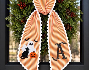Personalized Halloween Wreath Sash, Embroidered Monogram Ghost Pumpkin Wreath Bow, Striped Initial Fall Ribbon, Halloween Front Door Decor