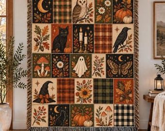 Vintage Halloween Woven Blanket,Ghost Pumpkin Black Cat Patchwork Woven Throw,Fall Home Decor,Cottagecore Autumn Decor,Spooky Halloween Gift