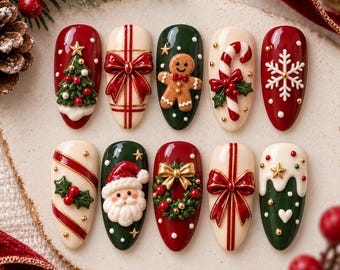 Christmas Press On Nails, 3D Holiday Nail Art, Christmas Tree Santa Nails Set, Festive Xmas Glue On Nails, Handmade Reusable Fake Nails