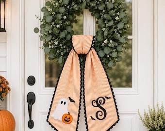 Personalized Halloween Ghost with Bat Wreath Sash, Embroidered Monogram Spooky Sash, Custom Name Gingham Door Bow,Halloween Front Door Decor