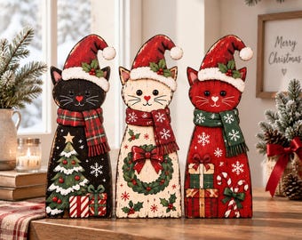 Christmas Cat Wooden Blocks, 2D Flat Christmas Santa Cat Decor, Xmas Shelf Sitter Set, Farmhouse Holiday Gifts, Christmas Table Decor