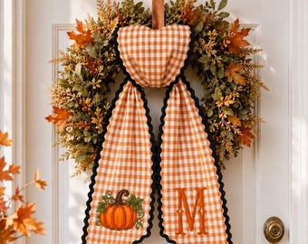 Personalized Pumpkin Wreath Sash,Embroidered Monogram Stripe Fall Door Bow,Fall Season Decor,Thanksgiving Front Door Decor,Housewarming Gift