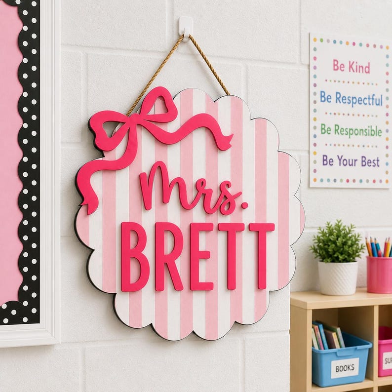 Personalized Teacher Door Sign, Striped Wooden Name Plaque, Custom Teacher Door Hanger, Classroom Decor, Back to School, New Teacher Gifts image 6
