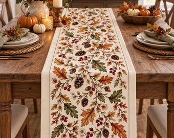 Vintage Autumn Oak Leaf Table Runner, Linen Acorn Floral Cottagecore Fall Runner, Rustic Farmhouse Fall Table Decor, Thanksgiving Decor
