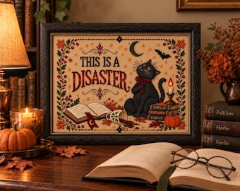 Black Cat Halloween Wall Art, Funny Cat Poster, Printed Cross Stitch Canvas, Vintage Primitive Sampler, Witchy Gothic Folk Art Decor