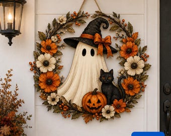 Personalized Halloween Ghost Wreath Wooden Door Sign,Witch Ghost Black Cat Pumpkin Door Hanger,Spooky Fall Front Door Decor,Halloween Decor