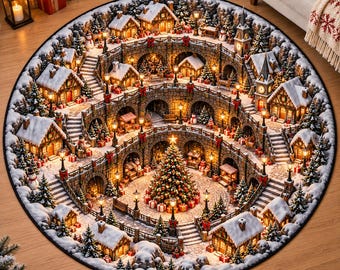 Christmas 3D Illusion Round Rug, Festive Winter Village Floor Mat,Winter Wonderland Carpet,Holiday Home Decor,Cozy Christmas Gift,Xmas Decor