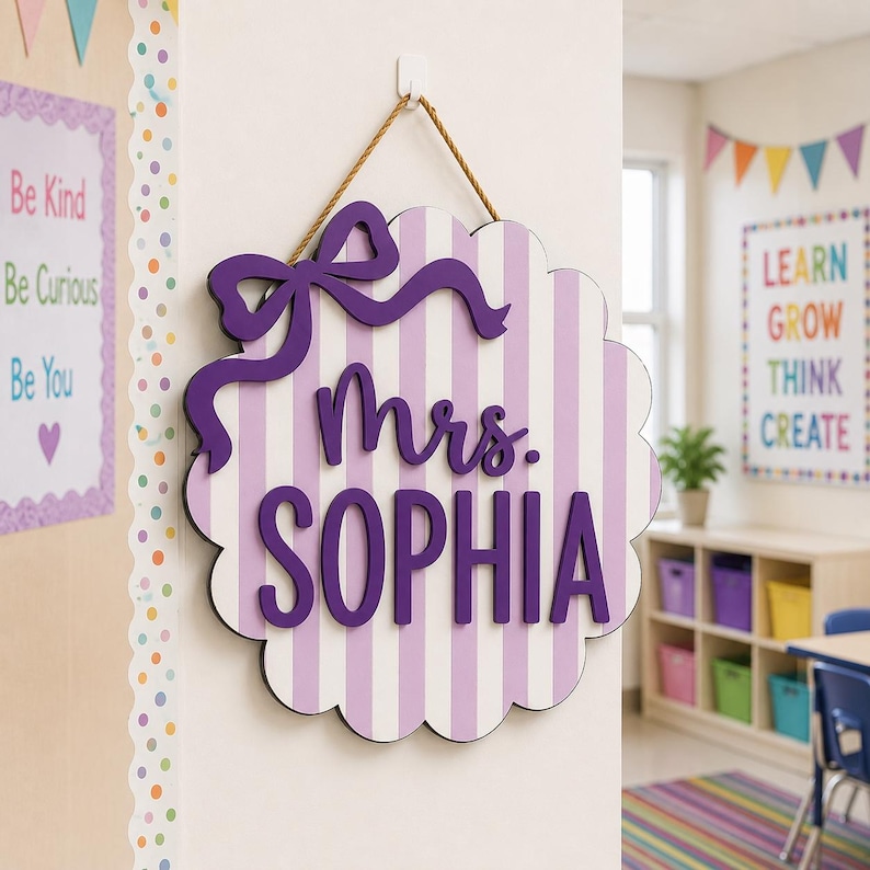 Personalized Teacher Door Sign, Striped Wooden Name Plaque, Custom Teacher Door Hanger, Classroom Decor, Back to School, New Teacher Gifts image 4