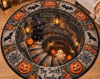 Halloween Black Cat Ghost 3D Illusion Rug, 3D Halloween Pumpkin Round Rug,Spooky Gothic Floor Mat Decor,Halloween Gift Decor,Fall Home Decor