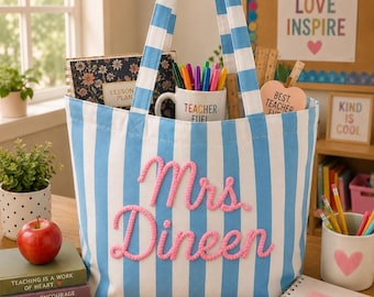 Custom Embroidered Teacher Tote Bag, Personalized Striped School Canvas Bag, Custom Name Teacher Appreciation Gift, Back to School Gifts