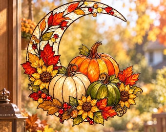 Harvest Moon Pumpkin Halloween Stained Glass Suncatcher, Fall Window Hanging Decor, Autumn Maple Leaf  Pumpkin Wall Decor, Thanksgiving Gift