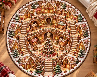 Gingerbread Christmas 3D Illusion Round Rug, Festive Winter Town Floor Mat, Holiday Home Decor, Cozy Christmas Gift, Gingerbread Xmas Decor
