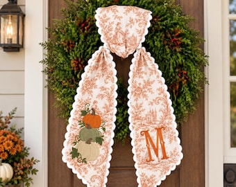 Personalized Pumpkin Wreath Sash, Embroidered Monogram Fall Wreath Bow, Orange Toile With Pumpkin Autumn Sash, Thanksgiving Front Door Decor