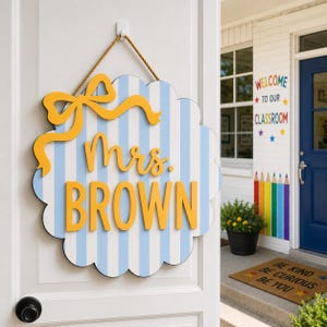 Personalized Teacher Door Sign, Striped Wooden Name Plaque, Custom Teacher Door Hanger, Classroom Decor, Back to School, New Teacher Gifts image 3
