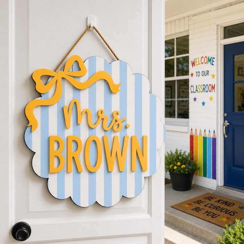 Personalized Teacher Door Sign, Striped Wooden Name Plaque, Custom Teacher Door Hanger, Classroom Decor, Back to School, New Teacher Gifts image 3