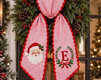 Personalized Christmas Wreath Sash, Embroidered Santa Claus Wreath Bow, Striped Monogram Holiday Decor, Christmas Front Door Decor,Xmas Gift