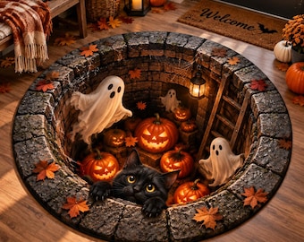 Halloween Black Cat Ghost 3D Illusion Rug, 3D Halloween Pumpkin Round Rug,Spooky Gothic Floor Mat Decor,Halloween Gift Decor,Fall Home Decor