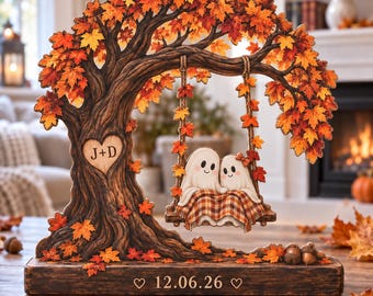 Custom Fall Ghost Couple Wooden Block, 2D Flat Autumn Spooky Desk Decor, Halloween Couple Decor, Halloween Anniversary Gift,Wedding Keepsake
