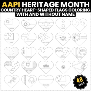 Puede incluir: Ilustración en blanco y negro de 24 banderas en forma de corazón, cada una representando un país. Las banderas están diseñadas para colorear, con el texto "AAPI HERITAGE MONTH" en la parte superior. Una insignia negra y amarilla dice "48 FLAG".