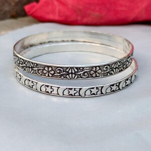 Sterling Silver Stacking Bangles Set, Engraved Floral & Moon Star Bracelets, Boho Minimalist Jewelry