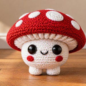 May include: A crocheted mushroom toy with a red cap featuring white spots. The mushroom has a white stem, a smiling face, and small red cheeks. The toy is standing on a wooden surface.